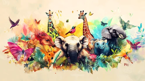 Vibrant wildlife animals gather in a rainbow jungle dreamscape