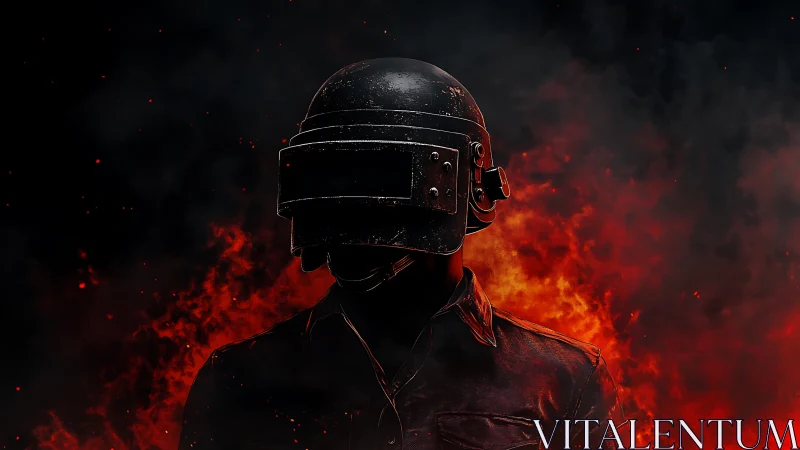 Armored tactical operator silhouette in incendiary red flames