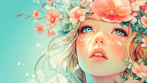 Blonde girl gazes upward beneath lush coral flower crown