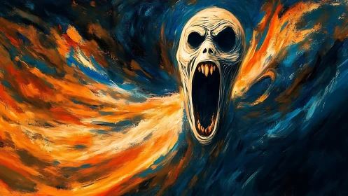 Spectral skull entity emerging from swirling fire vortex
