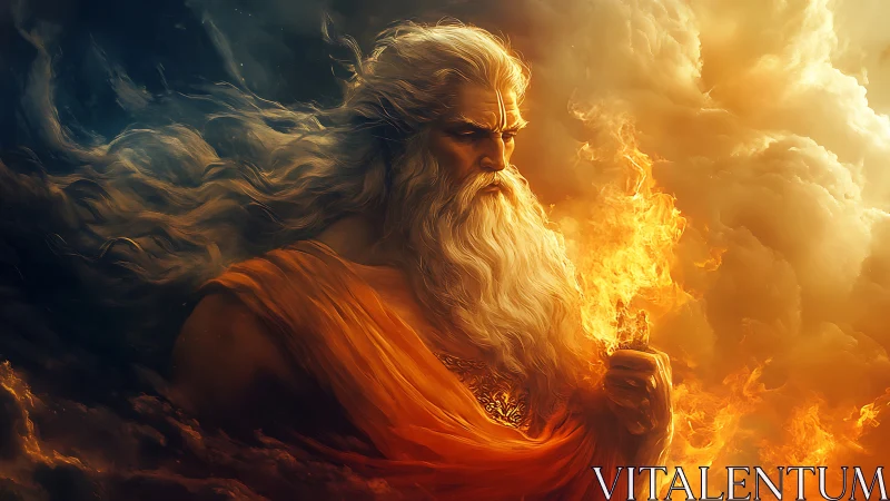Storm-kissed fire god gazes into glowing golden clouds