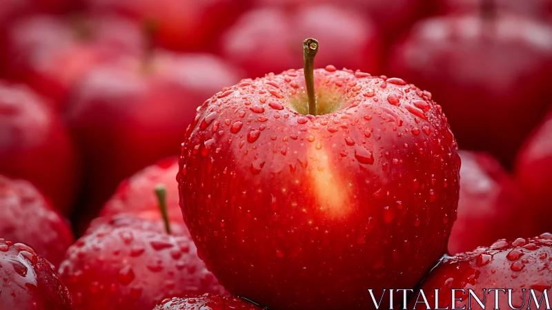 Single wet red apple in sharp focus among blurred fruit.