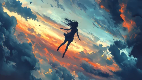 Silhouette of floating girl amid turbulent sunset cumulonimbus