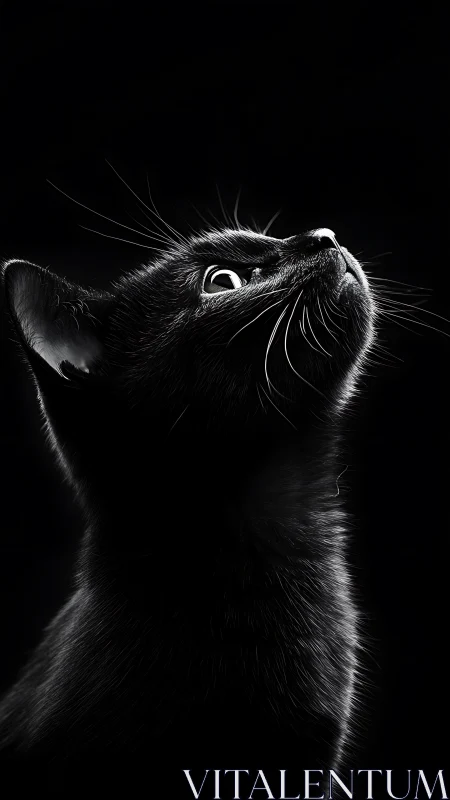 Black Cat Gazing Upward. Dramatic Contour Lighting.