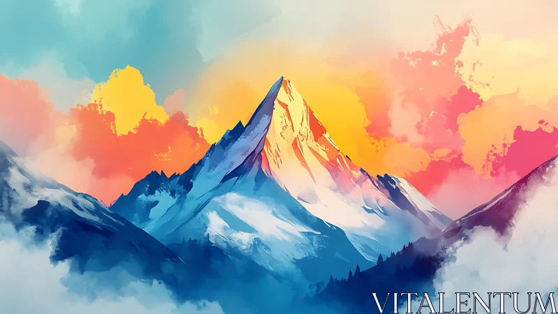 Vibrant digital mountain peak under bold sunset sky.
