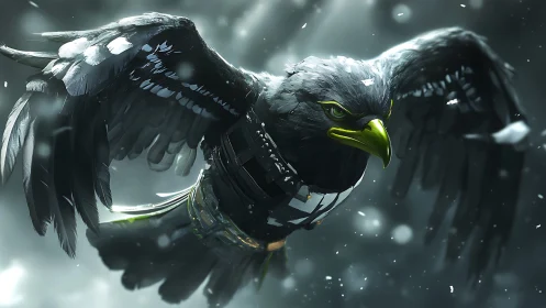 Futuristic Armored Hawk in Flight, Dynamic Digital Art Style.