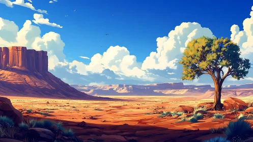 Lone desert tree stands beneath vast clouds and mesas.