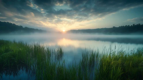 Sunlight intersects fog over still lake bordered by reeds