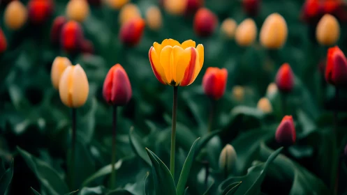 Chromatic Depth Isolation: Yellow-Red Tulip Focal Prominence with Selective Blur.