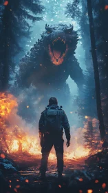 Forest wanderer confronts molten-jawed titan in blue firestorm