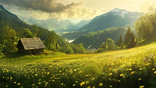 Sunlit alpine meadow surrounds rustic cabin and mountains