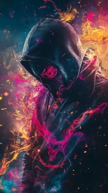 Hooded digital figure stands in swirling neon fire effects