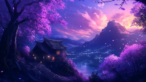 Mountain village at dusk with riverside lights and cherry trees.