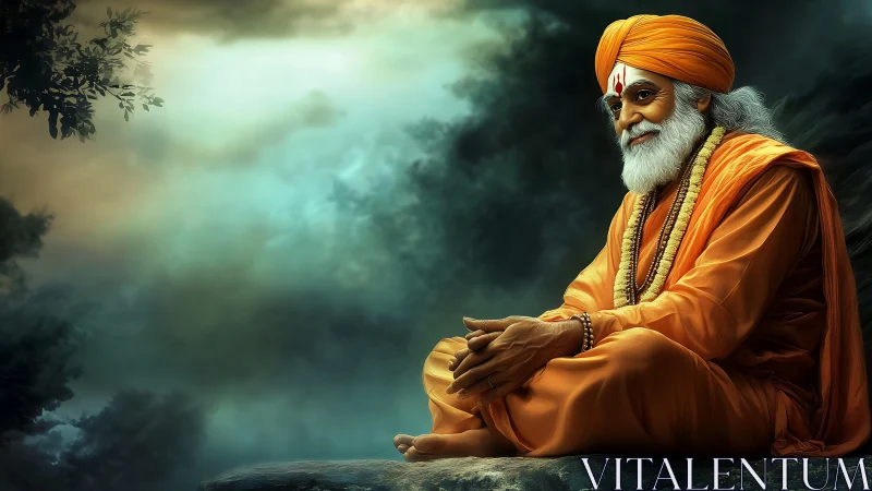 Gentle sage in orange robes resting in twilight calm.