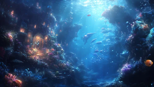 Underwater structure and marine life in filtered blue light