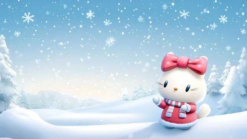 Cartoon cat character stands in snowy winter landscape scene