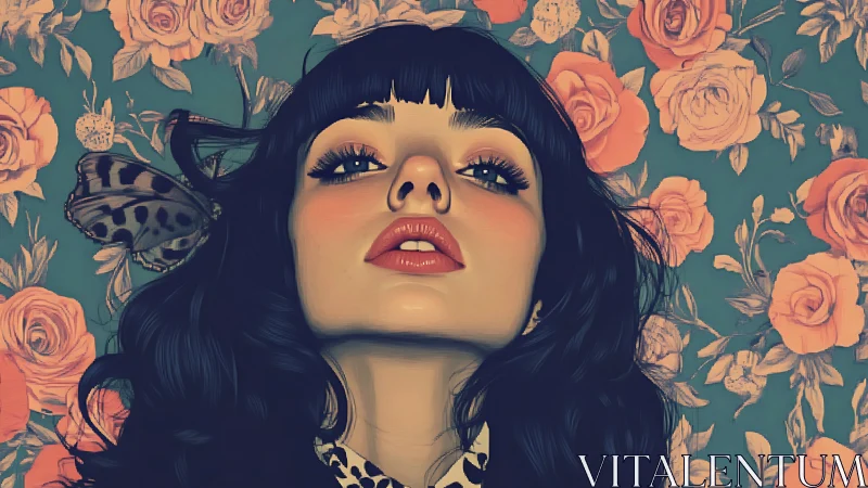 Digital portrait depicts woman before floral patterned background