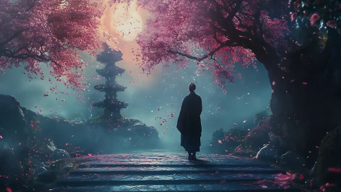 Moonlit cherry blossom path with a lone peaceful traveler.