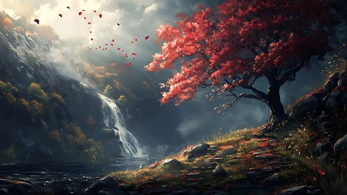 Crimson tree beside misty waterfall in dramatic valley.