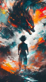 Lone anime warrior confronts blazing elemental beast spirit.