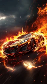 Sports car moves through stylized flames on reflective road