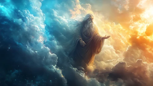 Ethereal robed figure in dramatic glowing storm clouds.