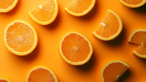 Orange slices lie arranged on flat, evenly lit orange background