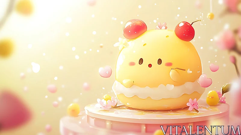 Cute yellow character with red cherries sitting on dessert platform