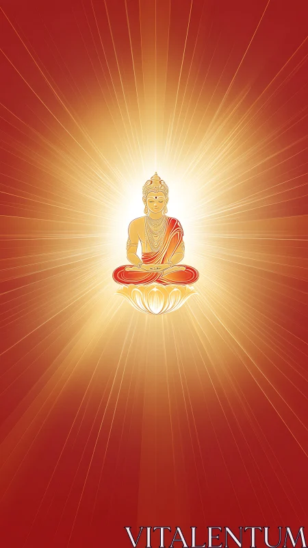 Radiant golden Buddha meditating on lotus amid sunburst