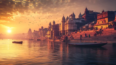 Sunrise light bathes stepped ghats and temples along river