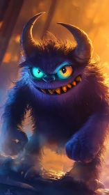 Horned blue monster prowls through glowing fiery light.
