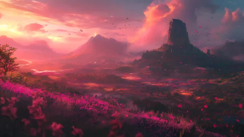 Mythic mesa at dusk with radiant magenta valley bloom.