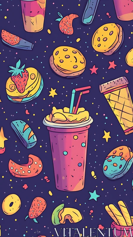 Colorful snack-time treats dancing in a playful night sky.