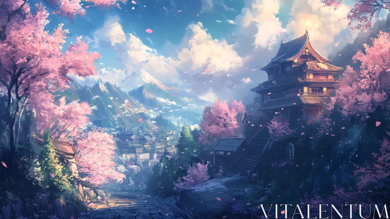 Mountain temple overlooks cherry blossom valley at dawn