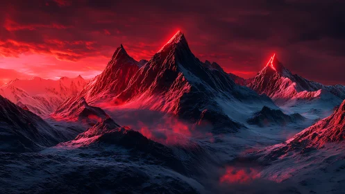 Crimson-lit alien mountain range glows under stormy sky.
