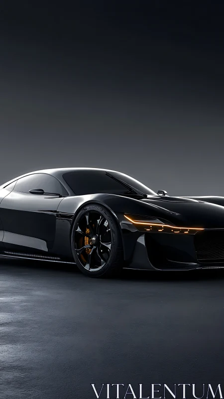Sleek black sports coupe is positioned on a studio floor