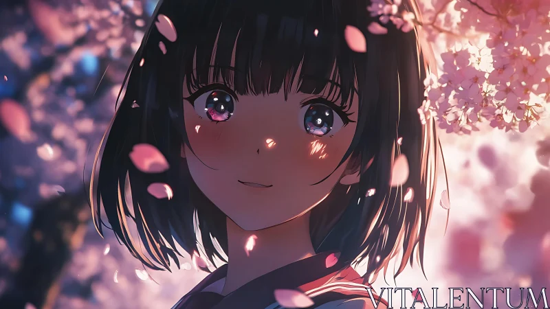 Anime girl portrait under backlit cherry blossoms at dusk
