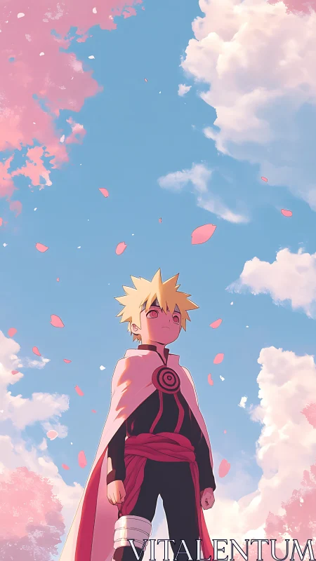 Anime child stands under sky with clouds and petals