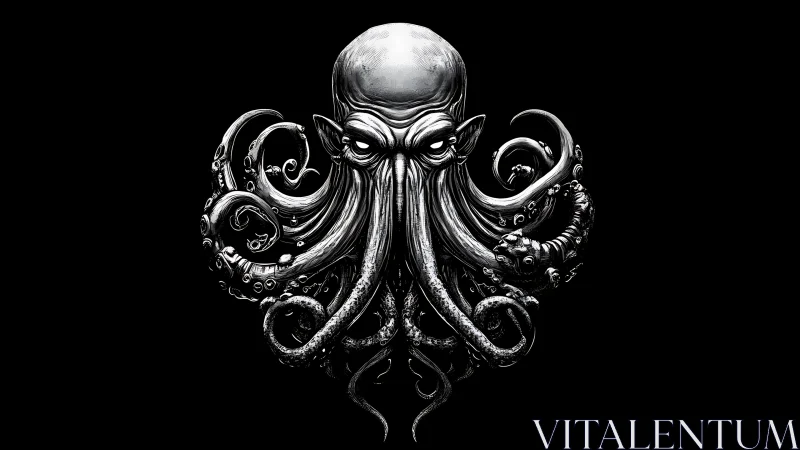 Monochrome cephalopod eldritch skull emblem with coiled tentacles