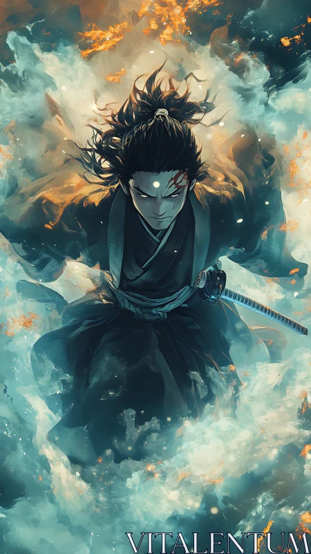 Samurai ascends through swirling fire and storm clouds.
