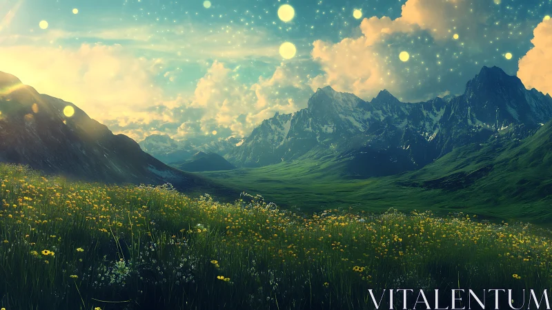 Firefly stars drift above wildflower valleys and jagged peaks