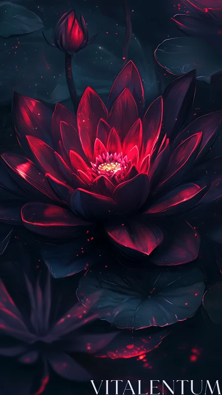 Bioluminescent crimson lotus rendered in dramatic chiaroscuro