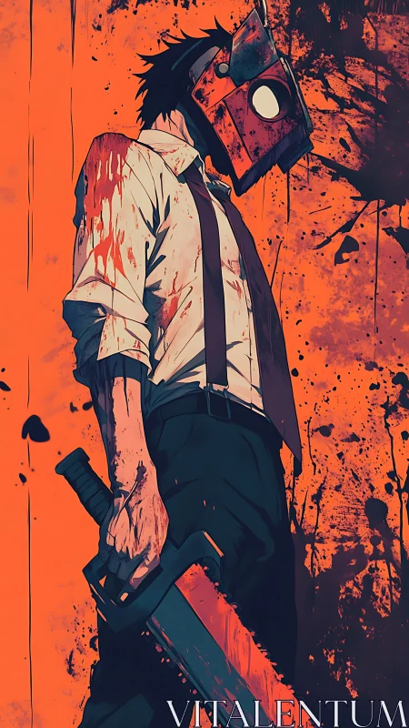 Blood-soaked masked fighter holds chainsaw in stylized profile