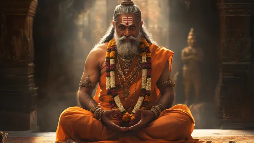 Meditative Hindu sage in orange robes under temple shaft light.