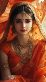 Digital portrait of woman in orange sari with jewelry.