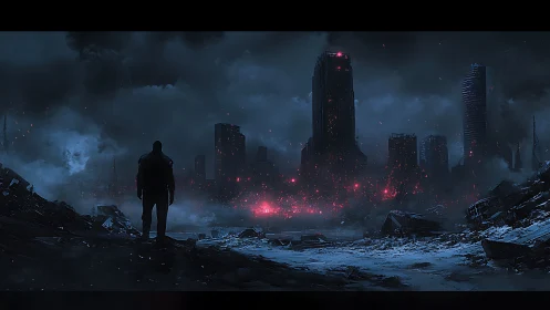 Lone figure surveys ruined city under burning red embers