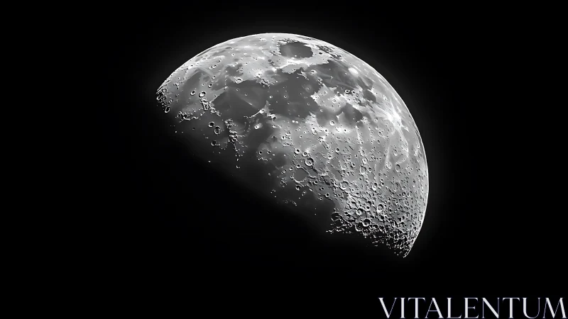Detailed lunar surface close-up in stark black space.