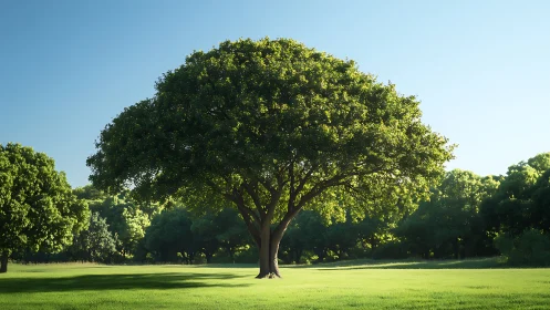Sunlit solitary tree in lush green meadow under clear sky.
