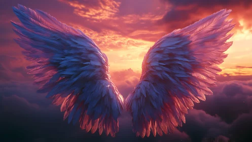 Symmetrical feathered wings against clouded sunset sky.