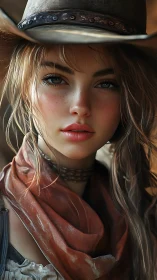 Digital close-up portrait of young woman in cowboy hat.